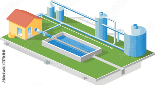 Modern wastewater treatment plant isometric illustration with purification tanks, filtration basins, clarifiers,