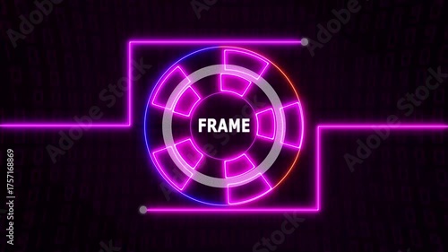 Futuristic neon Prink HUD circle with glowing FRAME text over a digital matrix-style background, creating a high-tech, sci-fi visual effect.