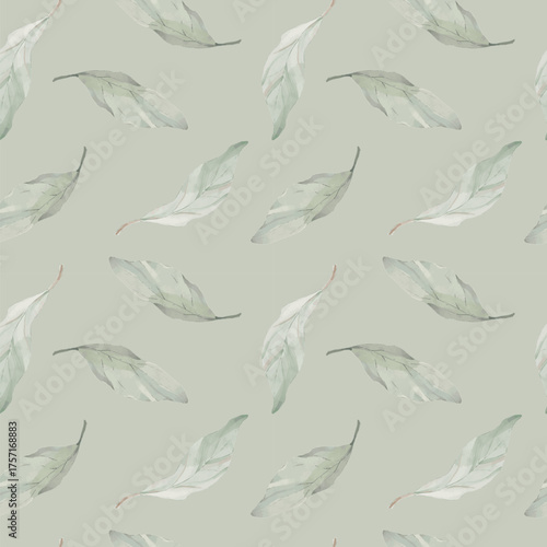 Elegant seamless pattern with delicate magnolia leaves in natural green tones on a soft pastel green background. Perfect for fabric prints, wallpapers, packaging, eco branding, and botanical designs. 