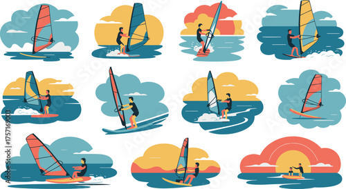 Windsurfing Illustrations Flat Design Scenes of Windsurfers Against Colorful Skies and Calm Blue Oceans