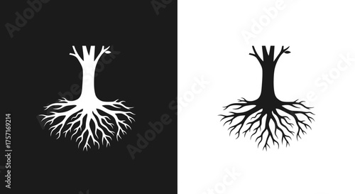 Logo Template Stylized Tree with Roots Vector Silhouette