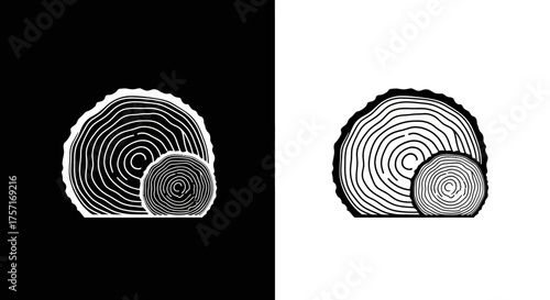 Monochrome line art illustration of tree trunk cross sections.
