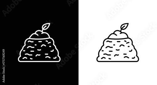 Minimalist Line Art Vector Icon of a Compost Soil Pile with a Growing Plant Sprout