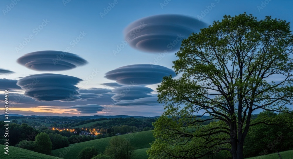 Naklejka premium Unusual lenticular clouds hover over rolling hills at sunset
