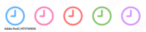 Clock neon icon isolated, Glowing time symbol, Bright watch sign, Luminous timer element, or Shiny clock display vector illustration