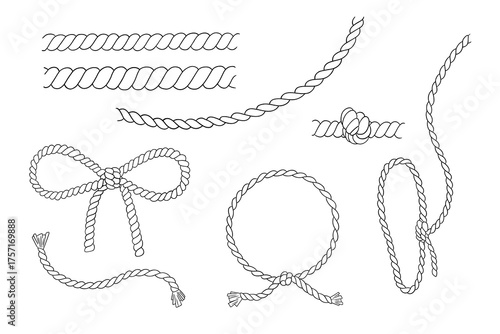 Set of rope knots, round nautical frame and lasso. Outline vector illustrations isolated on white background. Marine sketch