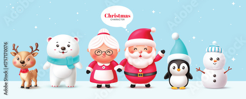 Cute 3D Christmas character set with Santa, Mrs. Claus, reindeer, polar bear, penguin, and snowman.