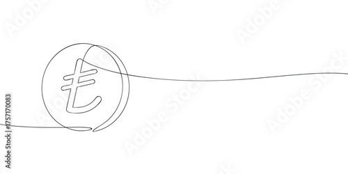 Continuous line drawing of a Turkish lira coin with currency symbol. Minimalist one line finance illustration for economy, banking, and investment design