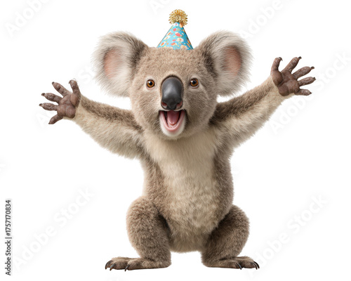 Happy and cute koala character with party hat on isolated background. funny animal showing joyful expression, perfect for birthday or celebration greeting