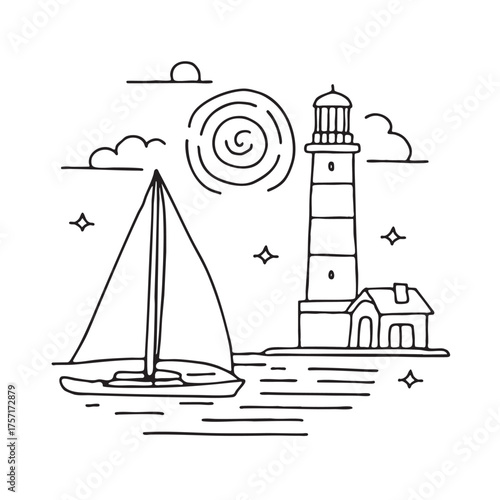 A yacht near a lighthouse casting shadows at sunset