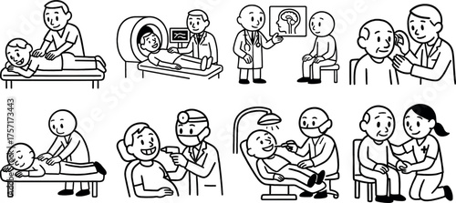 Medical checkup and treatment scenes with doctors and patients