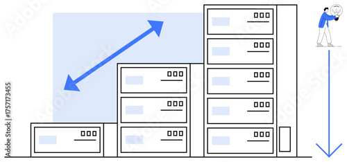 Server stacks increasing in size, symbolizing growth. Person analyzes with graph. Ideal for growth, scalability, technology, analysis, data management business strategy. Simple flat metaphor