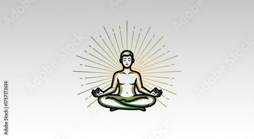 Stylized vector illustration of a person meditating in the lotus pose. Yoga, spiritual wellness, and mindfulness concept. Minimalist graphic with radiating energy