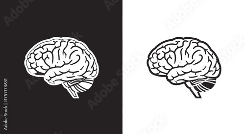 Stylized Human Brain Vector Icon in Bold Black and White Graphic Style