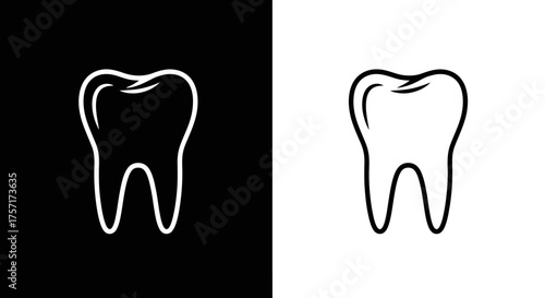 Minimalist Tooth Vector Icon Dental Logo Template in Black and White Line Art Style