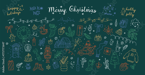 Christmas doodle set on dark green background. Hand-drawn festive elements
