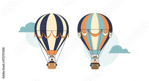 Two vintage hot air balloons flying in the sky with clouds.