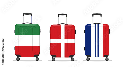 Three Suitcases with National Flags for Travel.