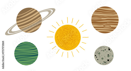 Illustration of planets and the sun in space.