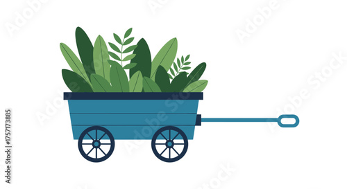 Blue garden cart filled with lush green plants and leaves.