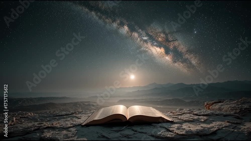 Celestial Manuscript: An open book lies illuminated under the vast expanse of the night sky, capturing a celestial story with the Milky Way and the moon.