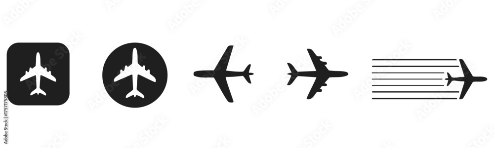 Fototapeta premium black silhouette airplane and flight mode icons set: travel, aviation, and speedy flight symbols
