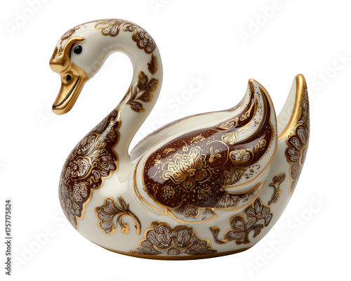 Elegant ceramic swan figurine with an ornate gold pattern. decorative luxury home decor item with vintage style, exuding grace and sophistication on plain background