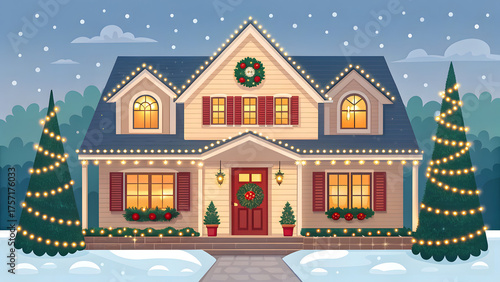 Cozy house decorated with christmas lights and snow in winter night illustration
