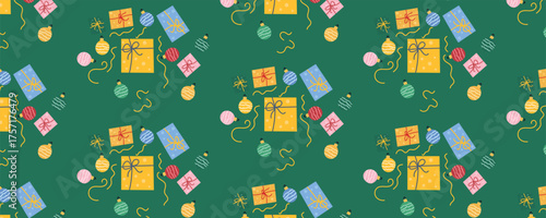 New Year and Christmas pattern with gifts, tree decorations, and confetti on a green background. Perfect for wrapping paper, festive design, and holiday banners