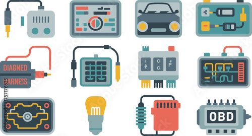 Illustrated Car Diagnostic Tools and Equipment OBD Scanners, Harnesses, Screens, and Engine Components Depicted