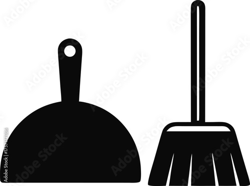 Brush and Dustpan Set Silhouette Flat Design Vector