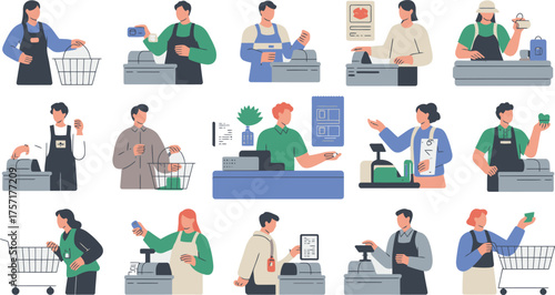 Illustrated Supermarket Cashiers Diverse Staff, Checkouts, Transactions, and Payment Methods in a Retail Setting