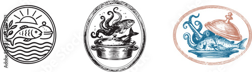 Adobe Illustrator Artwork, logo about  a traditional copper serving dish and a seafood restaurant