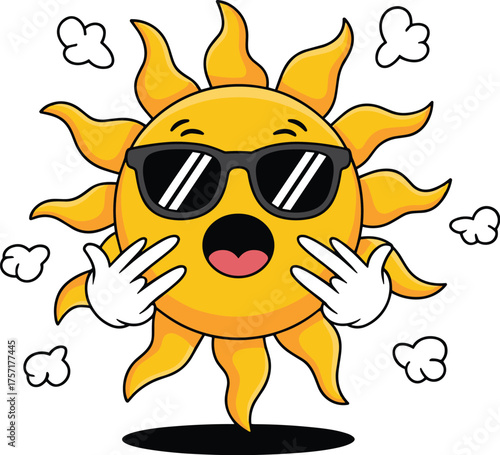 Cartoon Sun Mascot Wearing Sunglasses Feeling Hot and Sweaty in Extreme Heat