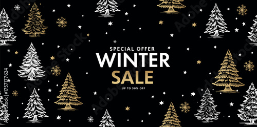 Winter sale, Christmas tree and star set on black, Hand drawn illustration.	
