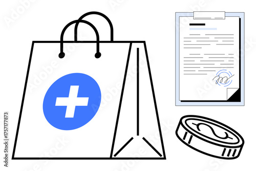 Blue medical cross on shopping bag, dollar coin, signed document. Ideal for healthcare, pharmacy, insurance, payment, medical aid charity financial planning. Clear and simple flat metaphor