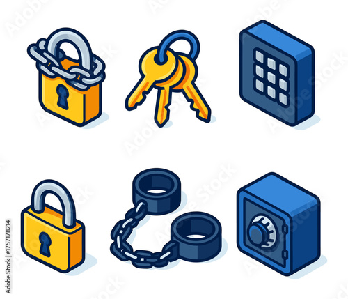 Access control and locks isometric , locks, keys, keypad, handcuffs, safe