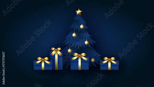 Navy christmas card with fir decorated gold balls and gifts