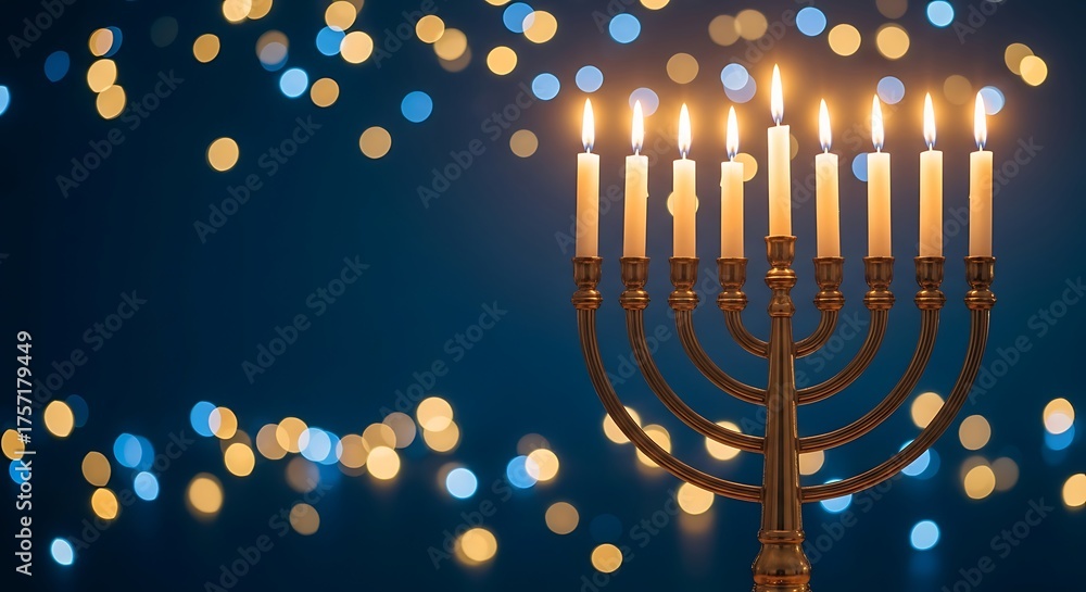 Naklejka premium Photo of a lit hanukkah menorah with nine candles glowing brightly against a dark blue background with bokeh lights, symbolizing the jewish holiday of hanukkah