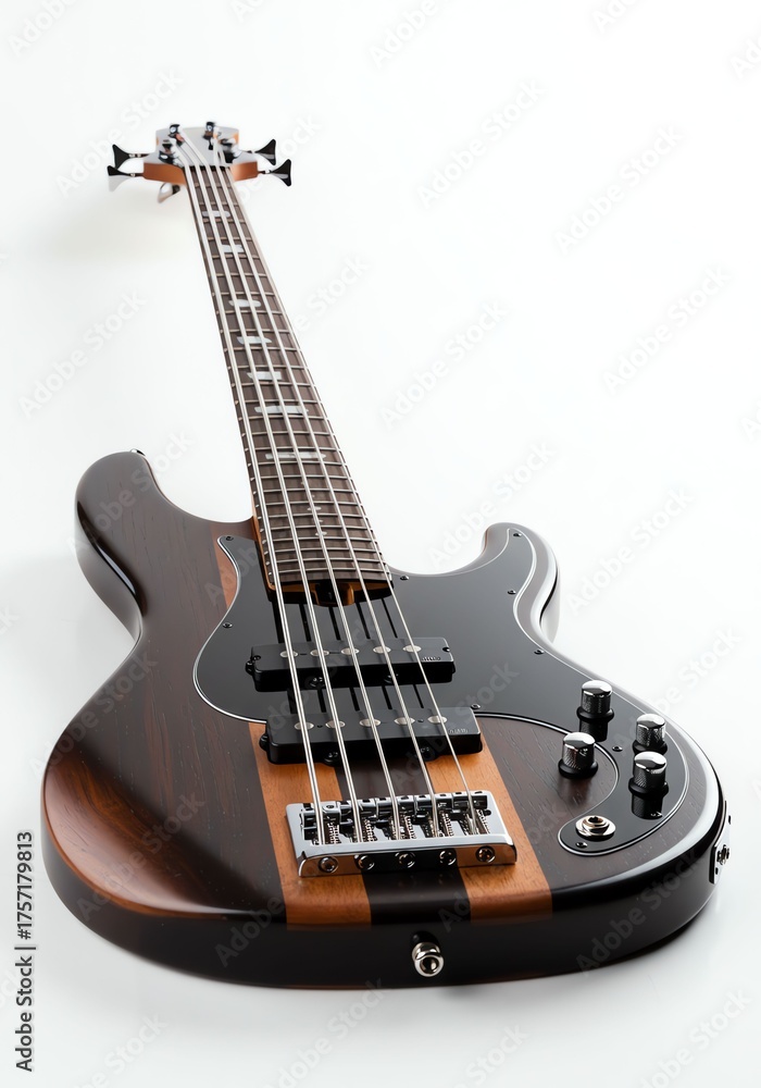 Obraz premium Vintage Black and Brown Electric Bass Guitar on White Background