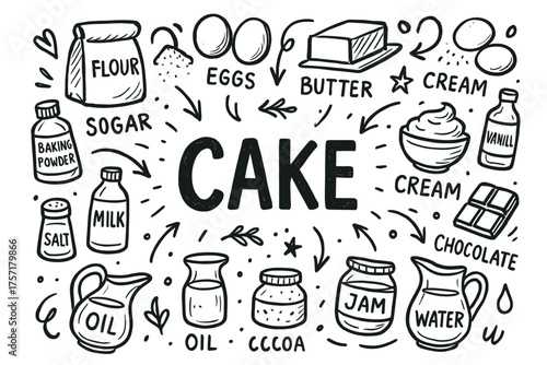 Hand-drawn cake ingredients illustration featuring baking essentials