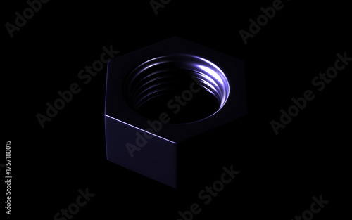 Set of 3D-rendered metal fasteners: bolt, hex nut, and wing nut with glossy, futuristic purple-blue studio lighting on a deep black background. Industrial design and technology concept