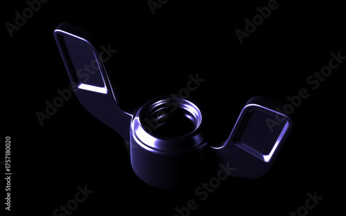 Set of 3D-rendered metal fasteners: bolt, hex nut, and wing nut with glossy, futuristic purple-blue studio lighting on a deep black background. Industrial design and technology concept