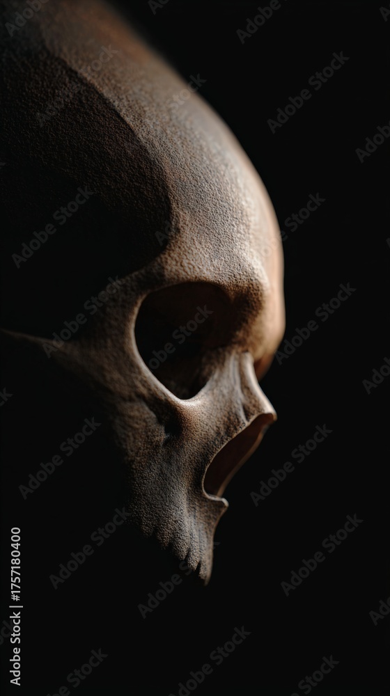 Obraz premium Extraterrestrial skull with an elongated cranium and textured surface in profile, illuminated by dramatic chiaroscuro lighting, creating a mysterious and foreboding atmosphere