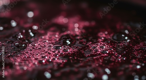 Close-up of Pink Liquid Bubbles on Dark Surface with Glossy Texture