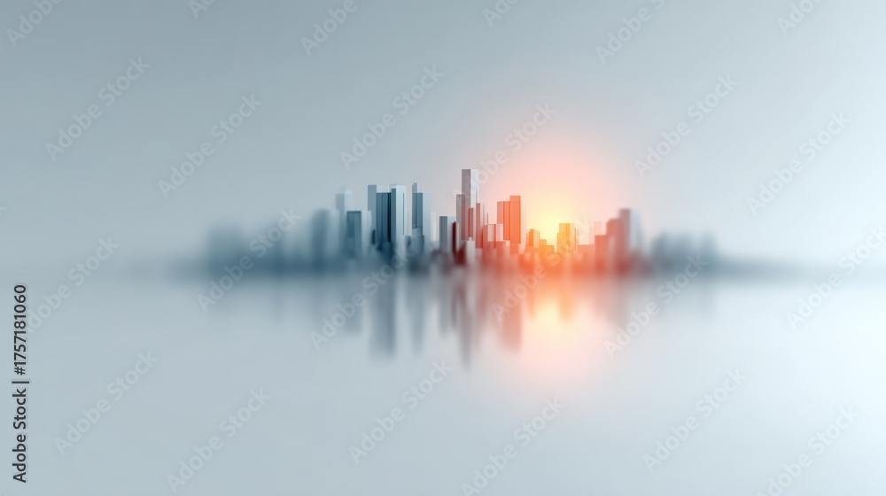Obraz premium Minimalist cityscape presenting a futuristic urban concept with a glowing light rising over buildings and reflecting on a clean surface, emphasizing growth and technological advancement