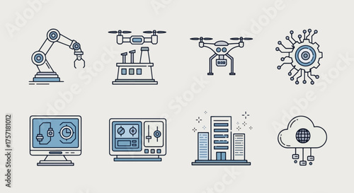 A set of vector icons themed around the tech industry and automation. Robot arm, drone, and smart factory symbols for Industry 4.0 concepts