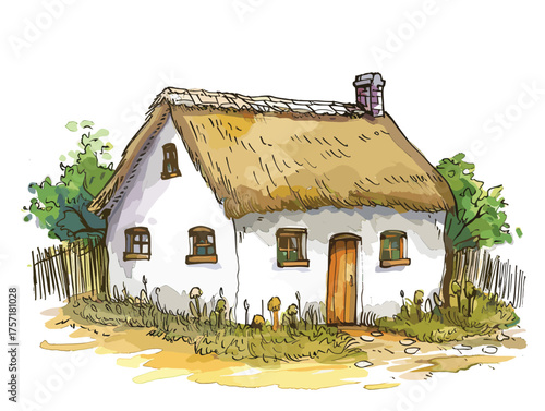 white background, Charming cottage with thatched roof - isolate on a cottage background., drawings in pencil easy, very simple and isolate in the style of animated illustrations, white background