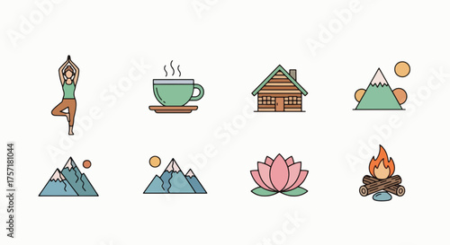 Set of vector icons for wellness retreats and nature travel. Symbols for yoga, camping, and relaxation. Flat design illustration collection