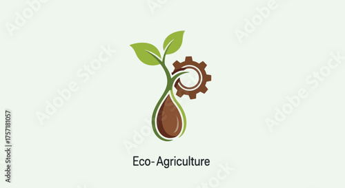 Eco-agriculture logo with a plant sprout and industrial gear. A concept for sustainable farming, agritech, and green innovation. Vector icon for modern industry and biotechnology